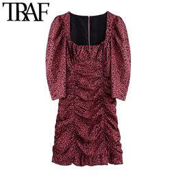 TRAF Women Chic Fashion Leopard Print Pleated Mini Dress Vintage Half Sleeve Back Zipper Ruffled Female Dresses Mujer 210415