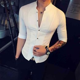 Stand Collar Chinese Style Shirt Men Slim Fit Korea Clothes Half Sleeve Summer Designer Club Camisa Masculina 210721