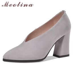 Meotina High Heels Women Pumps Kid Suede Chunky High Heels Glove Shoes Genuine Leather Pointed Toe Office Lady Shoes Size 33-42 210608