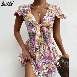 Sexy Deep V-neck Tie-up Bow Party Dress Women Summer Butterfly Short Sleeve Mini Dress Spring Floral Print Ruffle Dresses 210514