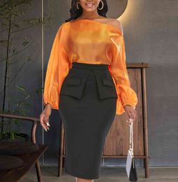 Women Two Pieces Sets Sexy See Through Shirt Blouses Long Sleeves Tops High Waist Skirt Elegant Plus Size Slim Fit Office Wear 210416