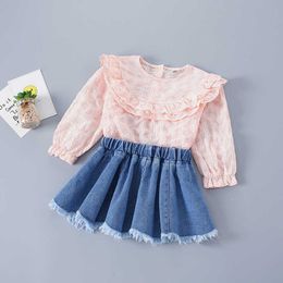 2-7 Years High Quality Spring Girl Clothing Set Fashion Plaid Solid Shirt + Denim Skirt Kid Children Girls 210615