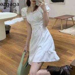 Ezgaga Korean Fashion Dress Women Elegant Puff Sleeve High Waist Solid Square Collar High Waist Sweet Bandage Dress Vestidos 210430