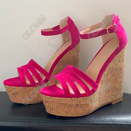 Olomm New Arrival Women Platform Sandals Sexy Wedges Heels Open Toe Pretty Fuchsia Purple Party Shoes Women US Plus Size 5-20