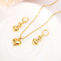 18 K Yellow Solid Gold G lovely heart drop Earings pendant necklace Women Girls african Jewellery Party Cool Fashion beads kid