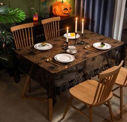 Rectangular Halloween Decor Bat Pumpkin Lace Tablecloth Black Spider Web Skull Table Cover Perfect for Halloween Dinner Party and Scary Movie Nights