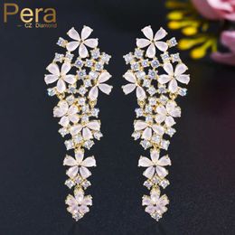 Pera Brilliant CZ Crystal Romantic Long Big Hanging Pink Flower Drop Earrings Elegant Women Derss Jewelry Accessories E501