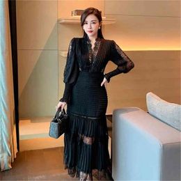 High Quality Self Portrait Dress Women Sexy V-neck Lantern Sleeve Long Sleeved Cake es Chic Lace Summer 210603