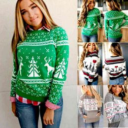 Women Lady Long Sleeve Round Neck Christmas Santa Xmas Print Sweater Jumper Winter Pullover Fit Casual Slim Tops Reindeer Y1118