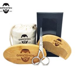 Hair Brush and Beard Comb Set MOQ 100 Sets OEM Custom LOGO Bamboo Beards Care Kit with Triming Scissors in Customized Bag Box for Men