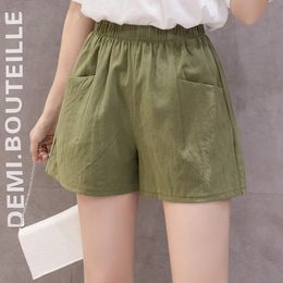 Women summer shorts Casual Solid Cotton Linen elastic waist loose style beach for female 210524