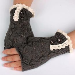 Women Winter Knitted Button Hollow Out Leaf Lace Keep Warm Fingerless Gloves Thickening Wool Guantes 20211