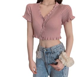 Knit Cardigan Sweater Shirt For Women Summer Fashion V-neck Short Sleeve Jacket Slim Thin Top Female LR1168 210531