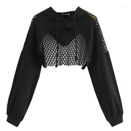 Women Mesh Long Sleeve Hooded Fitness Black Solid Color Crop Top Sports Hoodie Sexy Short Cropped Navel Tops1