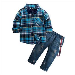 Toddler Boys Formal Clothing Sets Tie Blue Shirt + Pants Suits 1 2 3 4 5 6 Years Cardigan Button Boy Gentleman Leisure Suit