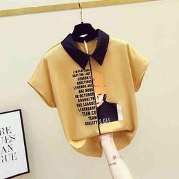 Europe Style Summer Women's Turn Down Collar Short Sleeves Letter Girls Print Shirts Female Casual Shirt Blouse Tops A3514 210428