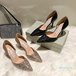 Luxury-2021 high quality Designer Party Wedding Shoes Bride Women Ladies Sandals Fashion Sexy Dress Pointed Toe Heels Leather Glitter