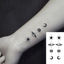 Small Tattoo Flsah Tatoo Waterproof Sticker Body Art Black And White Drawing Planet Sun Moon Star Water Transfer Temporary Fake Tattos