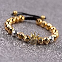 Charms Zircon King Crown Braiding Bracelet Men Handmade 8mm Geometric Polygon Hematite Stone Beads Macrame Bracelets Gift