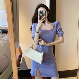 Fashion knitted dress summer retro temperament sweet taro purple square collar puff sleeve split hip skirt female 210520