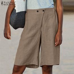 Plus Size Women's Solid Midi ShortsZANZEA Elegant Summer Shorts Casual Elastic High Waist Trousers Female Button Wide Leg
