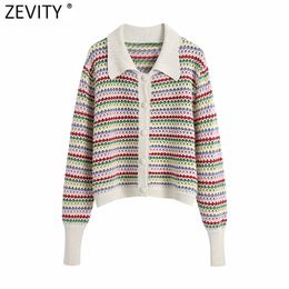 Zevity Women Rainbow Striped Print Hollow Out Crochet Knitted Sweater Coat Female Chic Breasted Jacquard Cardigan Tops SW803 210922