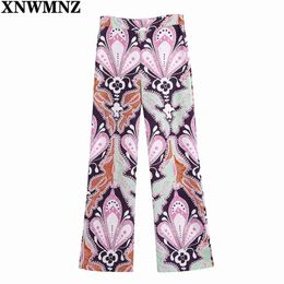 Fashion women printed linen blend trousers woman high waist flared hem side zip Female pants for Pants 210520