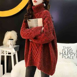 Turtleneck Sweater Women's Winter Long Loose Korean Style Lazy Knitted Warm Solid Color Base Shirt 210427