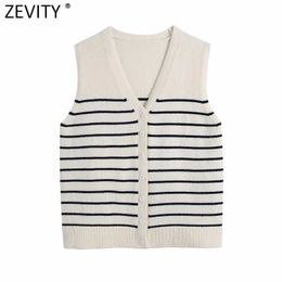 Zevity Women Fashion V Neck Striped Print Knitting Sweater Ladies Sleeveless Single Breasted Vest Chic Cardigans Tops SW823 210603