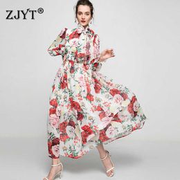 Spring Fashion Women Runway Designers Full Sleeve Flower Printing Chiffon Maxi Party Dress Bohemian Chiffon Vestidos 210601