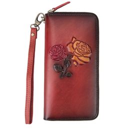 Genuine Leather Wallets Vintage Flora Printing Women Female Cowhide Leather Clutch Purse Long Handy Wristlet Phone Bag Purse