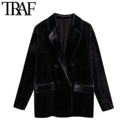 TRAF Women Fashion Double Breasted Velvet Blazer Coat Vintage Long Sleeve Pockets Female Outerwear Chic Tops 210415