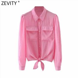 ZEVITY Women Fashion Solid Colour Hem Bow Tied Casual Smock Blouse Female Puff Sleeve Pocket Shirt Roupas Chic Blusas Tops LS9162 210603
