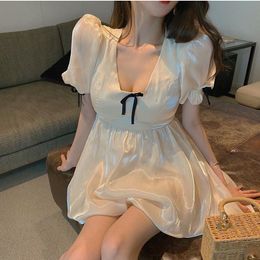 Women Apricot Slim Ruffles Mini Dress Square Collar Short Puff Sleeve Fit Fashion Spring Summer 16F0782 210510