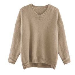 PERHAPS U Women Solid Simple Sweater Knitted Pullovers V Neck Long Sleeve Khaki Loose Casual Autumn Winter M0097 210529