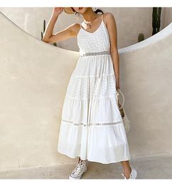 Casual Dresses 2021 Summer Women's Cotton Midi Dress Hollow Out Embroidery White Slim Strapless Holiday Lace Boho Vestidos