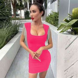 Summer Ladies Sexy Square Neck Tassel Diamond Mini Bodycon Bandage Dress Elegant Celebrity Club Banquet 210525