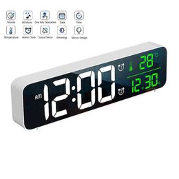Music LED Digital Alarm Clock Watch Table Clock Digital Temperature Date Display Desktop Mirror Clocks Snooze Home Table Decor 211112