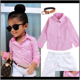 Summer Childrens Pink Striped Shirtwhite Shortsbelt 3Pcs Fashion Girl Dress Up For 27 Yrs Kids Ofouj Mh61O