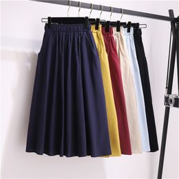 Korean Summer Women A-word swing midicotton skirt retro umbrella solid Colour pocket casual s large size female 210420