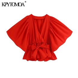 Women Fashion With Bow Tied Elastic Trims Blouses V Neck Short Sleeve Female Shirts Blusas Chic Tops 210420