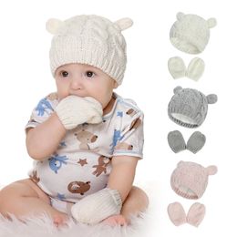 Fashion Newborn Infant Knitted Cotton Bear Ears Hat and Winter Warm Glove Set Baby Girl Solid Colour Caps Kids Birthday Gifts