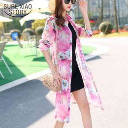 Summer Sleeve Cardigan Chiffon Blouse Print Tops Long Shirt Women Beach Sun Protection Clothes Floral Loose 9127 50 210415