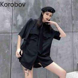 Korobov Korean Ins Turn Down Collar Short Sleeve Single Breast Blouse Fashion Pocket Design Black Streetwear Summer New 210430