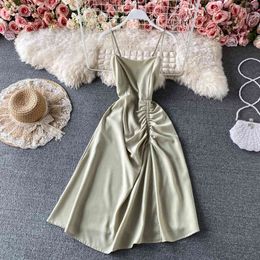 Fashion party open back dress for women summer design sense folds waist slim solid Colour sling Elegant love vestidos 210420