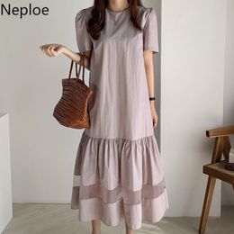 Neploe Vintage Dress for Women O-Neck Short Sleeve Temperament Vestidos Korean Gauze Patchwork Pleated Loose Elegant Dresses 210422