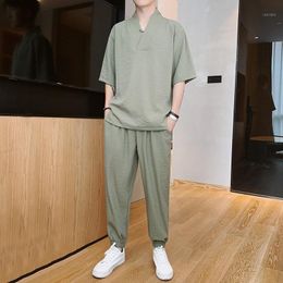 Men's Tracksuits 2021 Summer Men Korean 2-piece Suit V-neck Short-sleeved Pleated Trousers With Feet Loose Casual Sports Daily Wear