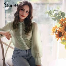 Elegant solid lace work women Casual chiffon long puff sleeve shirt Spring autumn fashion lapel button blouse 210414