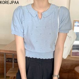 Korejpaa Women T-Shirt Summer Korea Chic Age-Reducing Candy Colour Lace Neckline Loose Short Cut Hollow Puff Sleeve Knit Top 210526