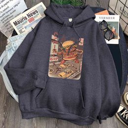 Ukiyoe Hamburger Print Man Sweatshirt Loose Casual Fleece Hooded Streetwear Male Fashion Cartoons Hoody Punk Hip Hop Sweatshirts H1227